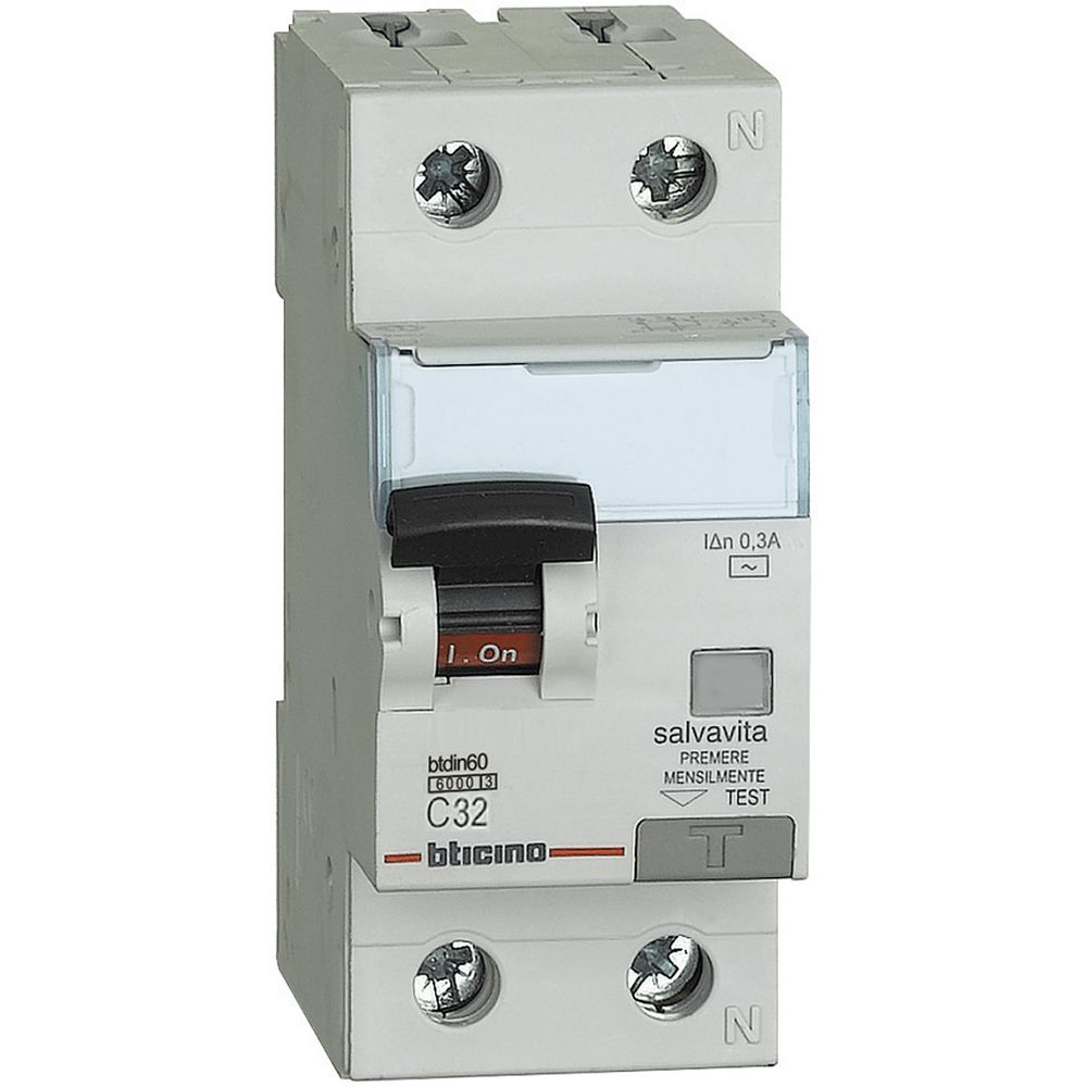 BTDIN60 - MAGNETOTERMICO DIFFERENZIALE AC 1P+N 32A 6KA 300MA